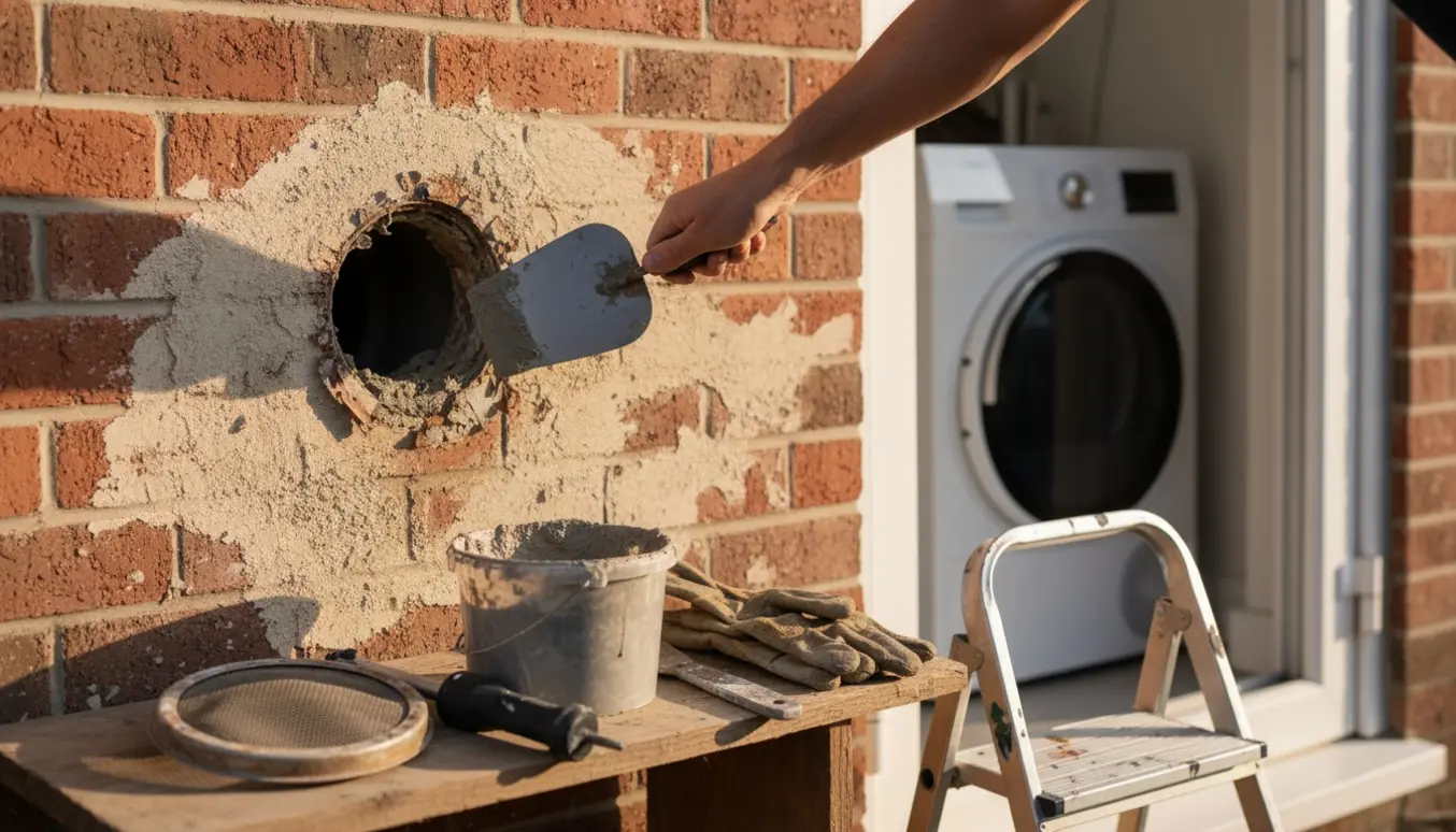 Nærbillede af en væg med hul efter ventilationsrist, der lukkes med mørtel og værktøj liggende ved siden af.