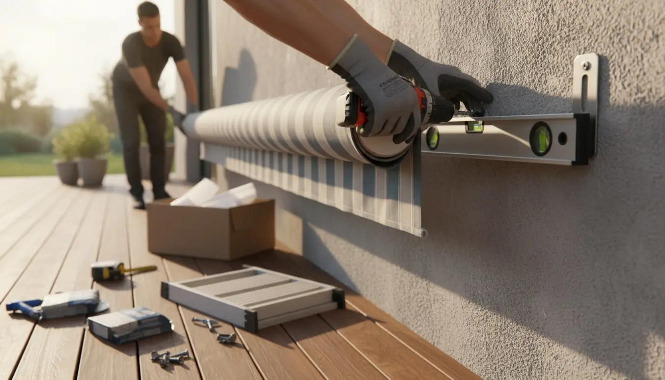 En person monterer en markise over en træterrasse med fokus på beslag, boremaskine og stof.