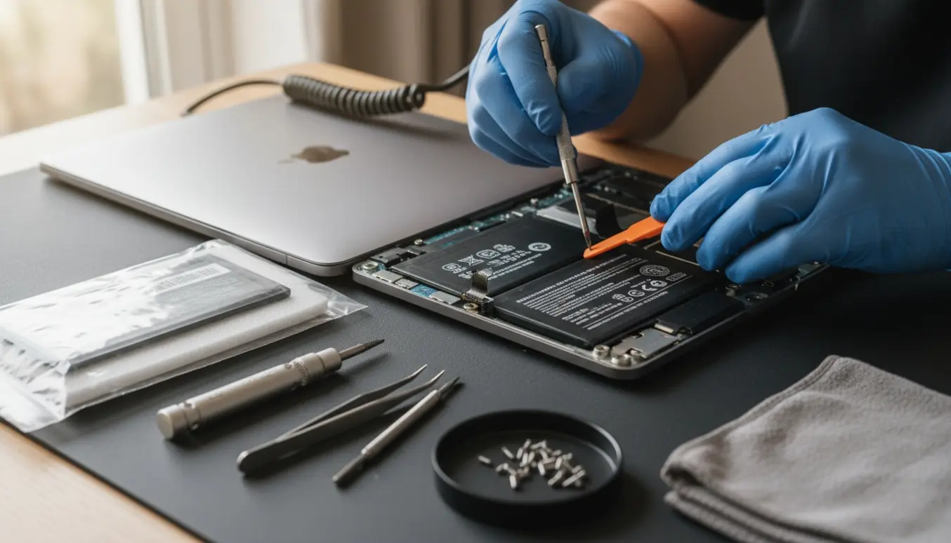 Nærbillede af en tekniker, der udskifter batteriet i en MacBook Pro 13 tommer (A1708) med nyt batteri og værktøj på et ryddeligt værksted.