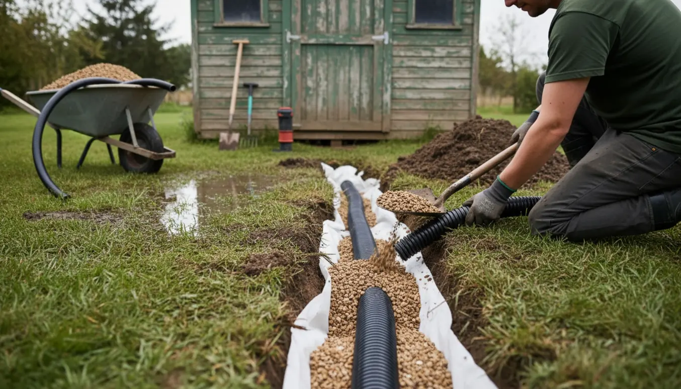 Våd plæne ved et lille skur hvor et dræn graves ned med drænrør, grus og skovl.