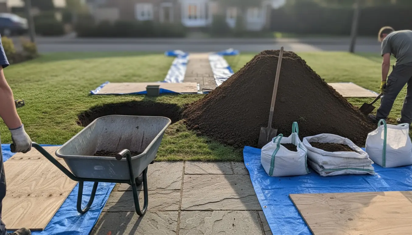 Hob med jord fra trampolinudgravning i forhaven med beskyttede græs- og flisearealer.