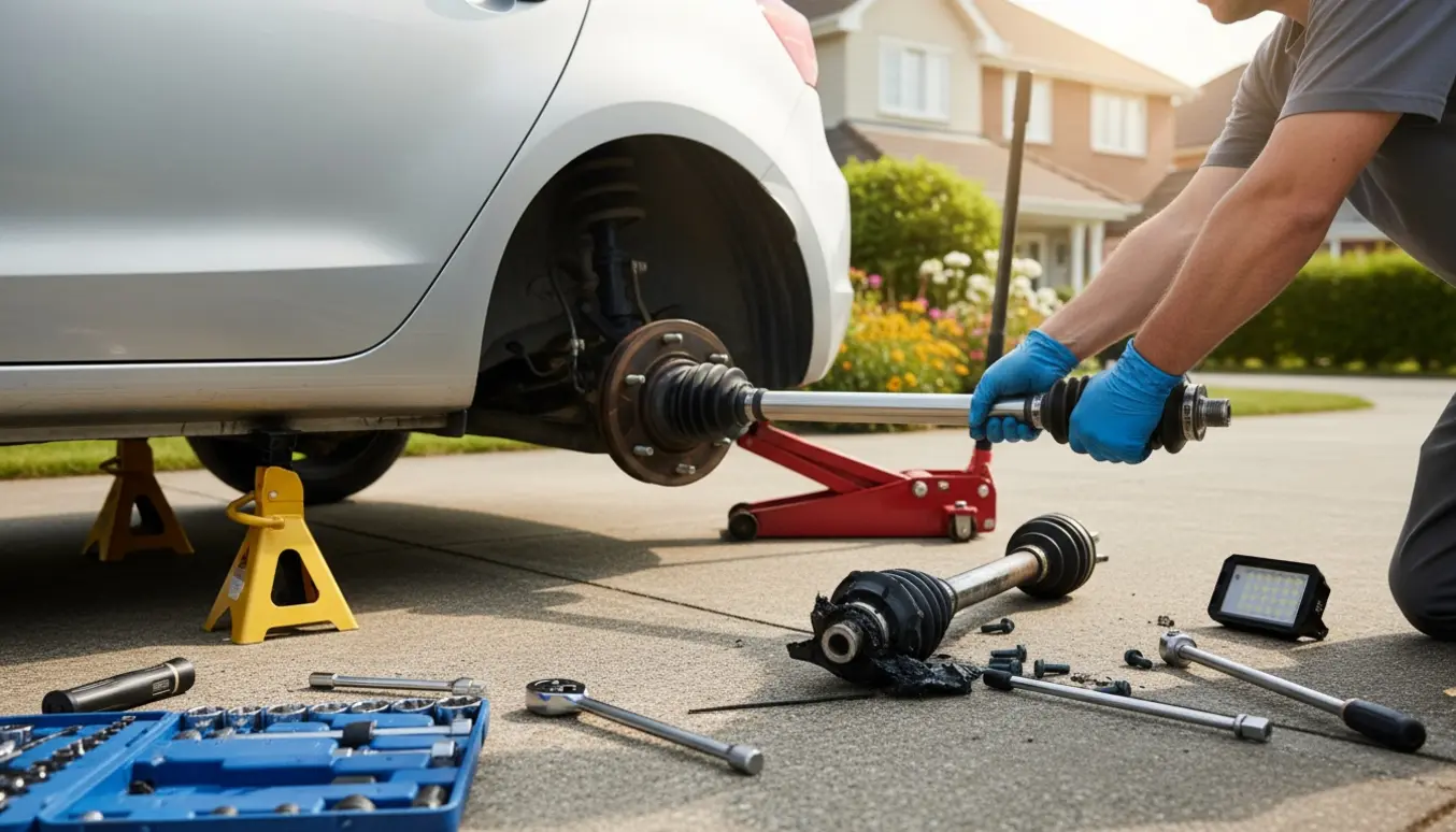 Mekaniker udskifter kardanakslen på en lille hatchback i indkørslen med værktøj og reservedele ved siden af.