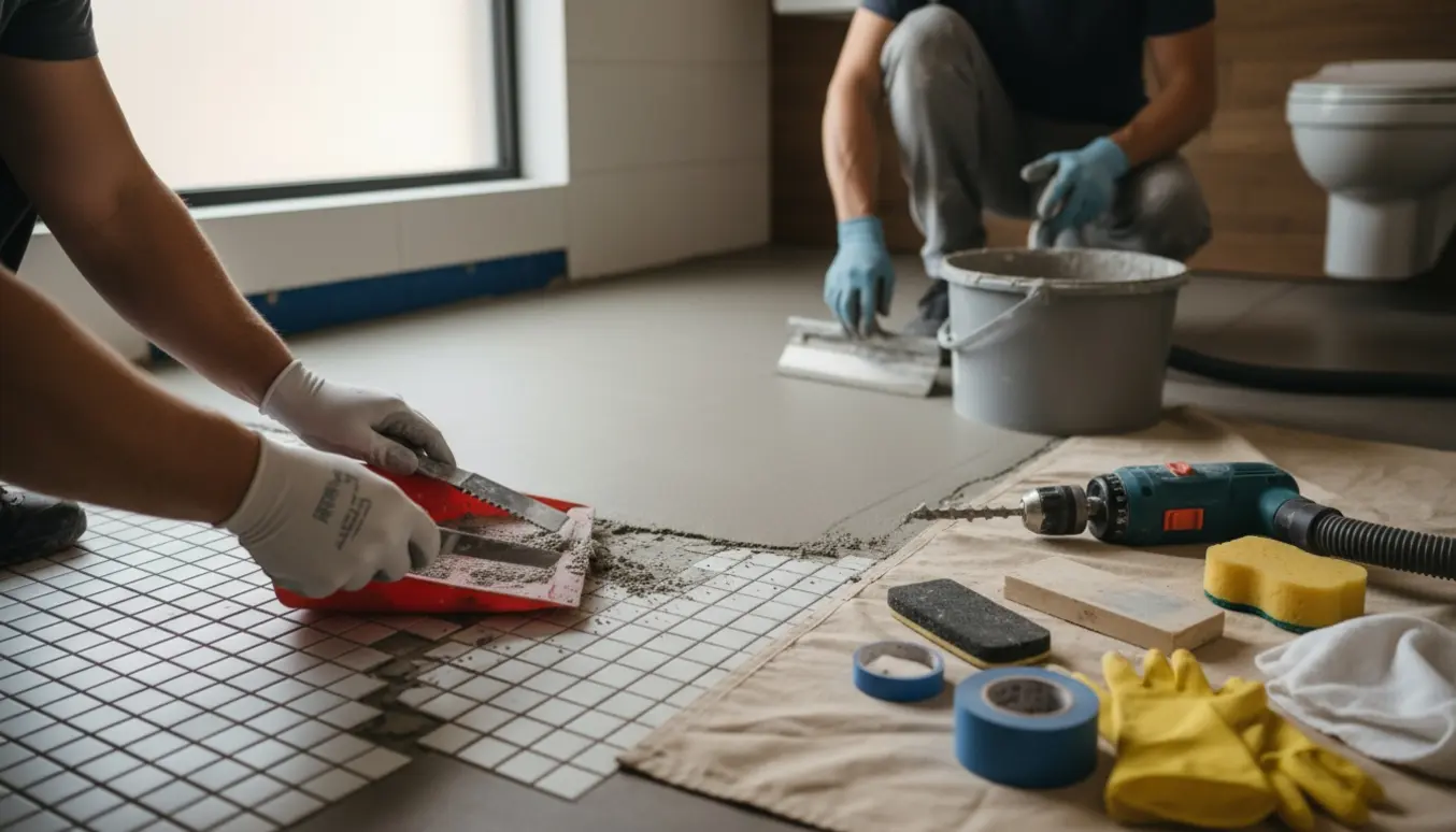 Nærbillede af et badeværelse under ombygning, hvor gammel fuge fjernes og microcement påføres gulvet.