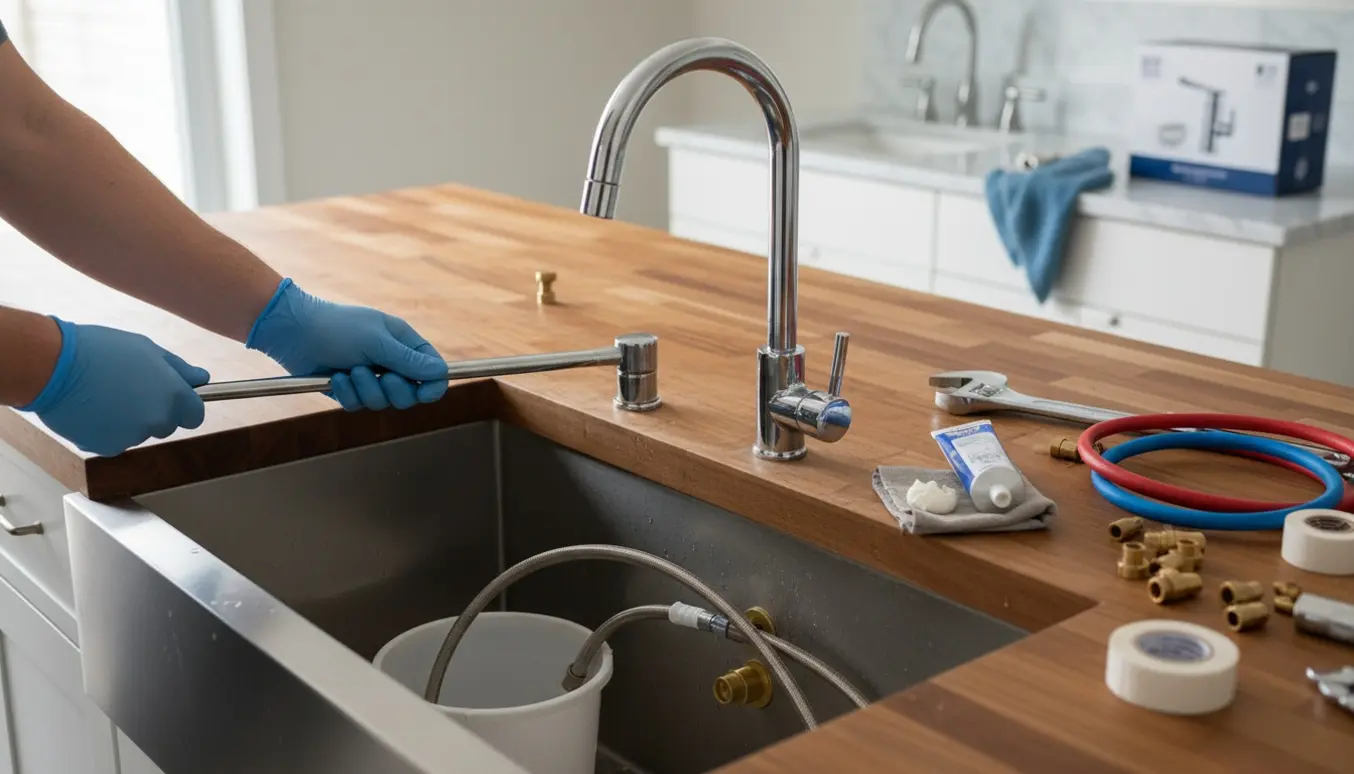Nærbillede af montering af køkkenvask og udskiftning af vandhaner med værktøj og åbent underskab.