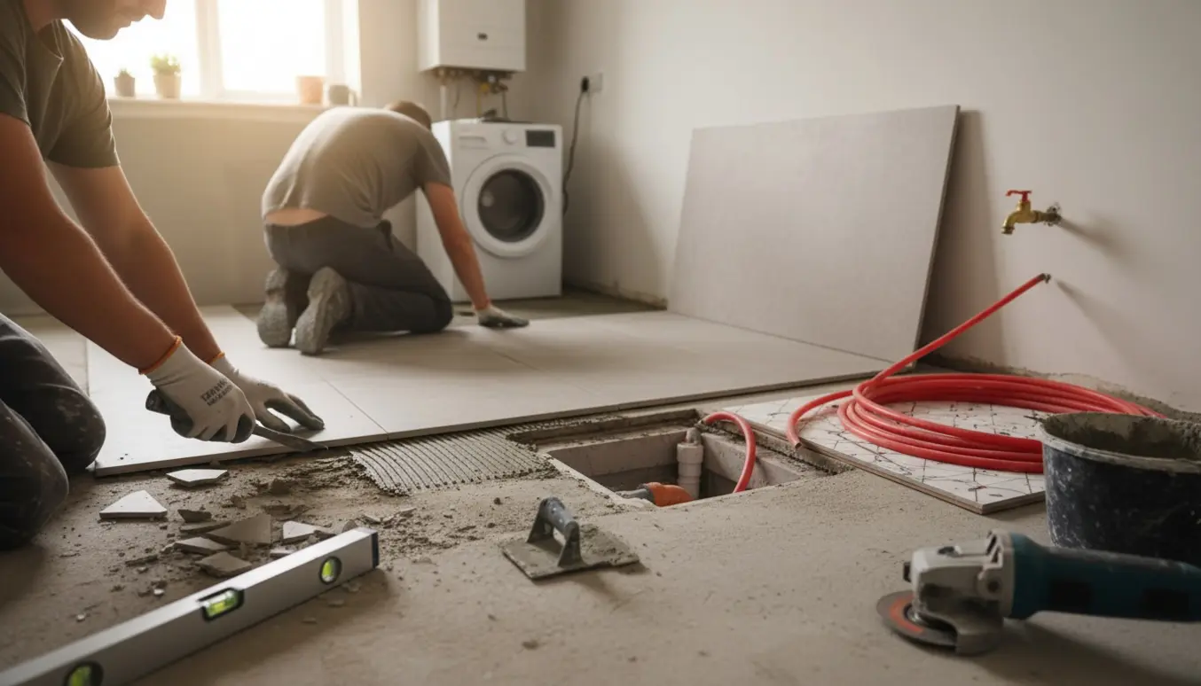 Hænder fjerner gamle fliser og forbereder ujævnt gulv i bryggers til nyt flisegulv og vægfliser med synligt gulvafløb og varmerør.
