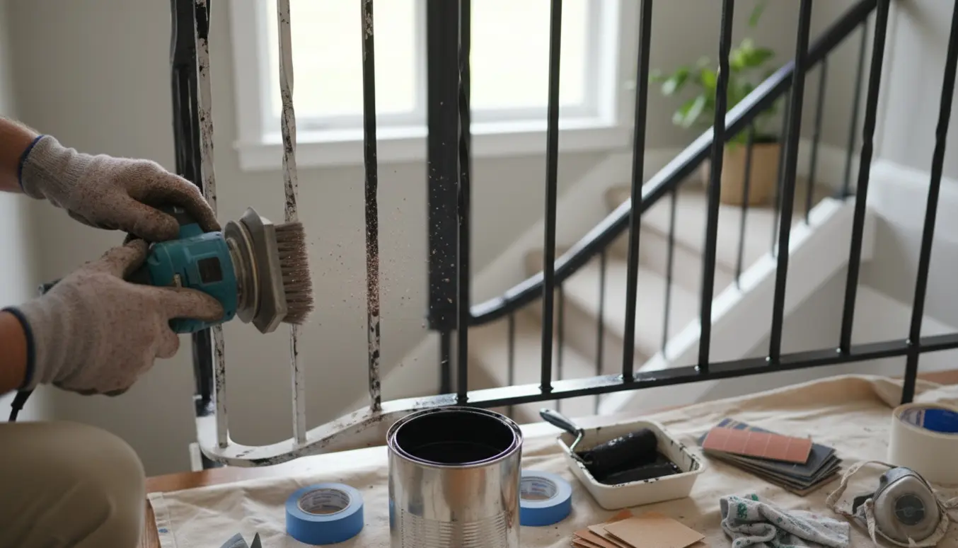 Nærbillede af handsker, der sliber og maler et jerngelænder ved en trappe med malerbøtte og afdækning.