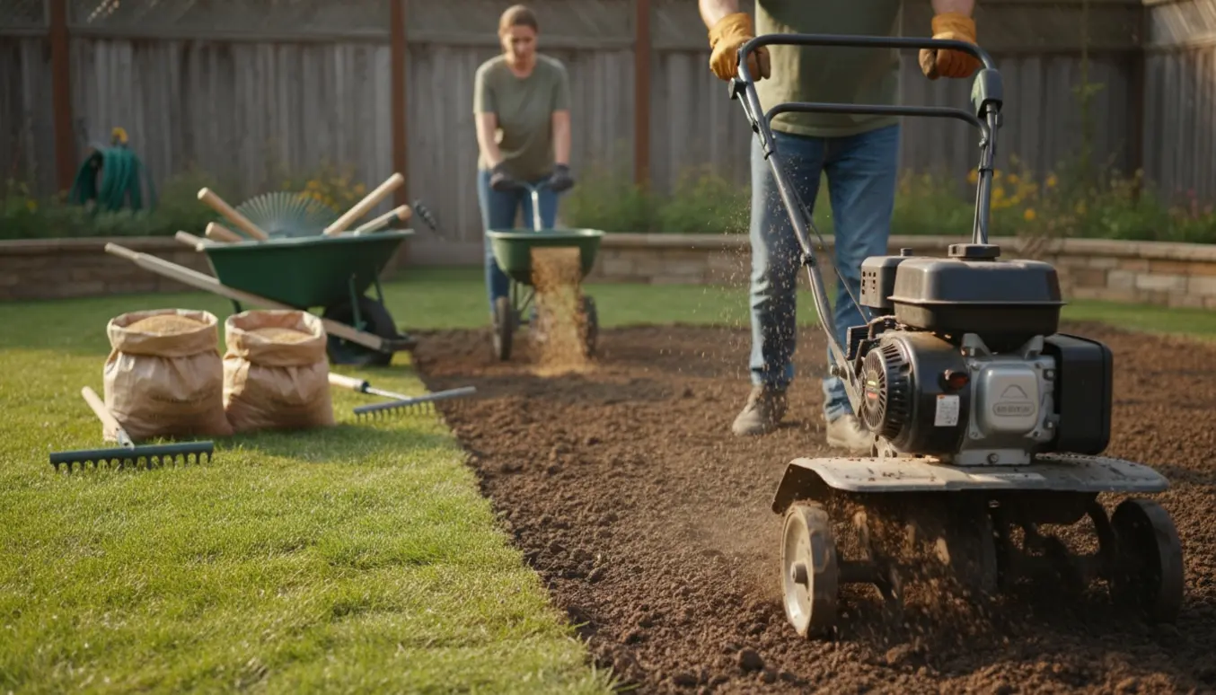 Nyligt fræset bagehavejord klar til såning med fræser, såmaskine og poser med frø.