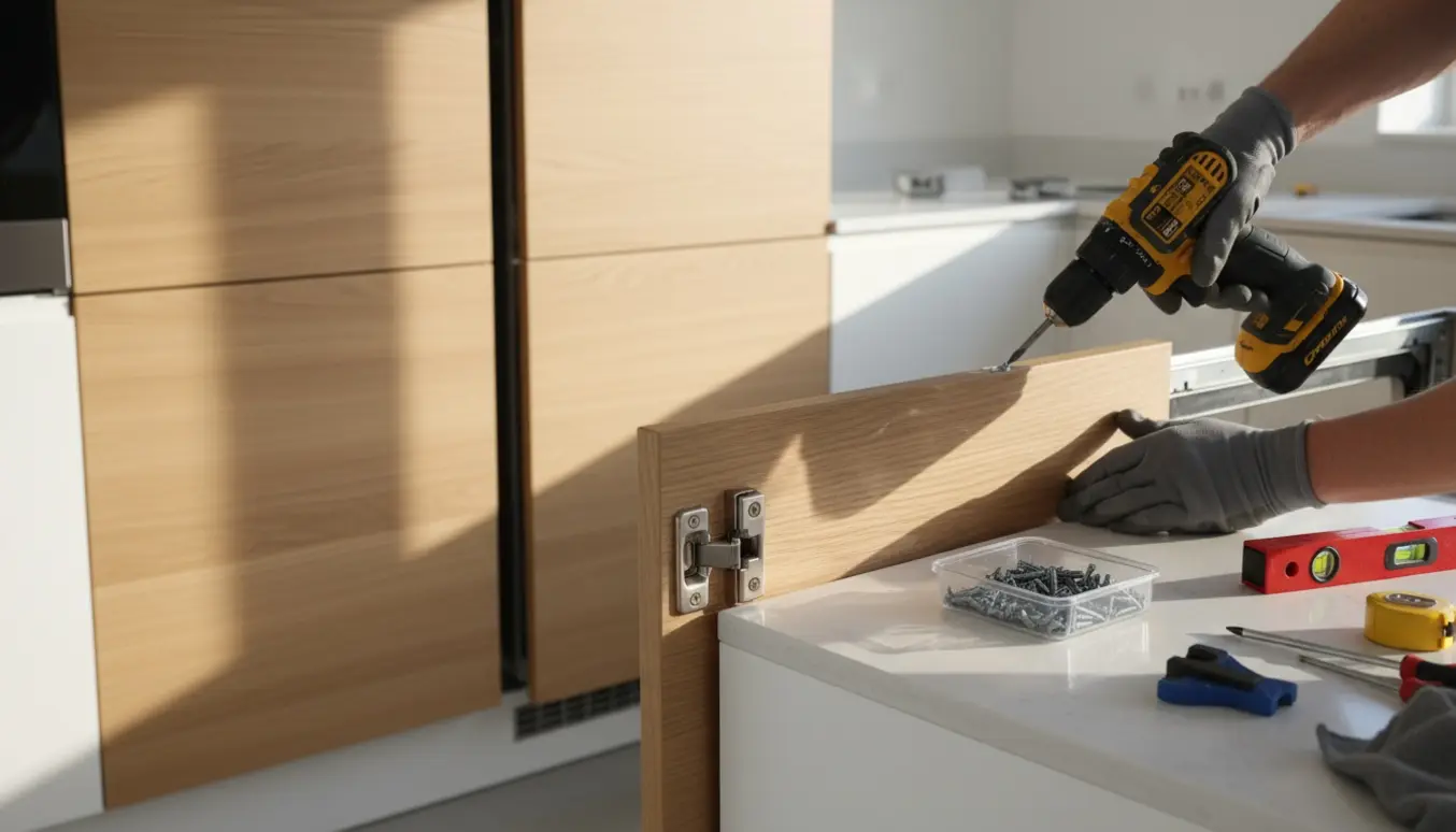Nærbillede af montering af HTH skabslåge på integrerede hvidevarer med værktøj på køkkenbordet.