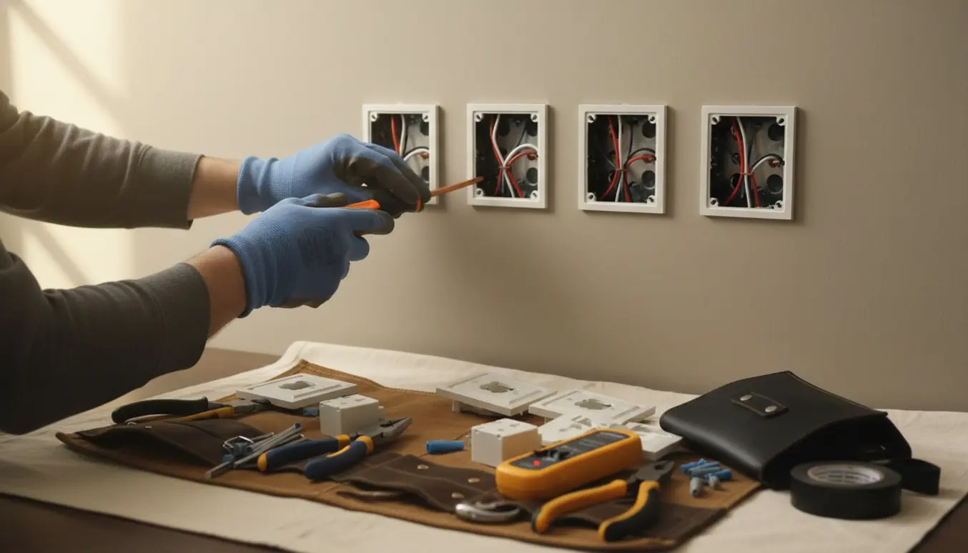 Hænder reparerer tre løse stikkontakter i en boligvæg med værktøj og afmonterede dæksler.