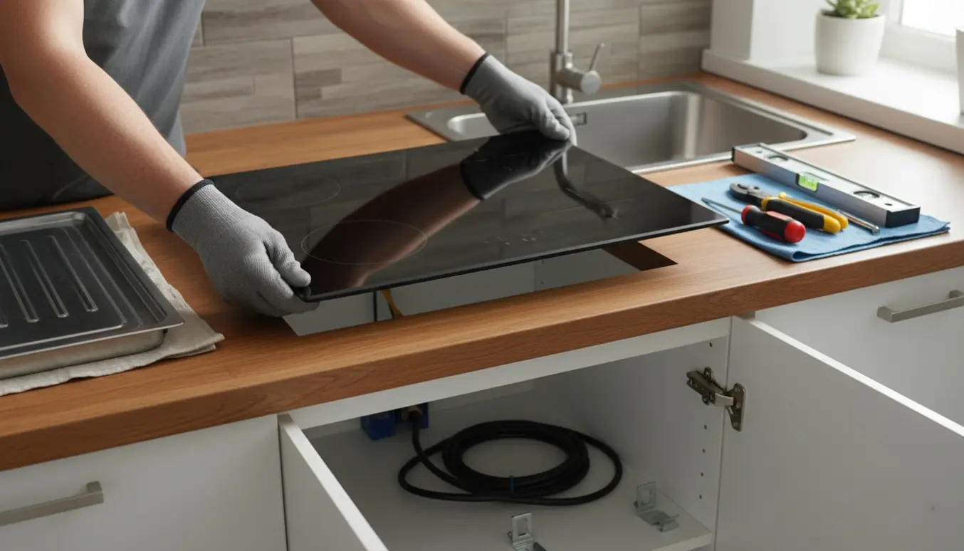 Ny induktionskogeplade sænkes ned i køkkenbordets udskæring med hænder og værktøj i fokus.