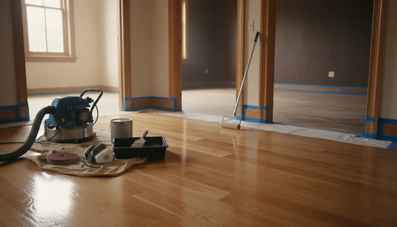 Delvist slebet og nylakeret trægulv i tre tilstødende rum med slibemaskine og lakudstyr.