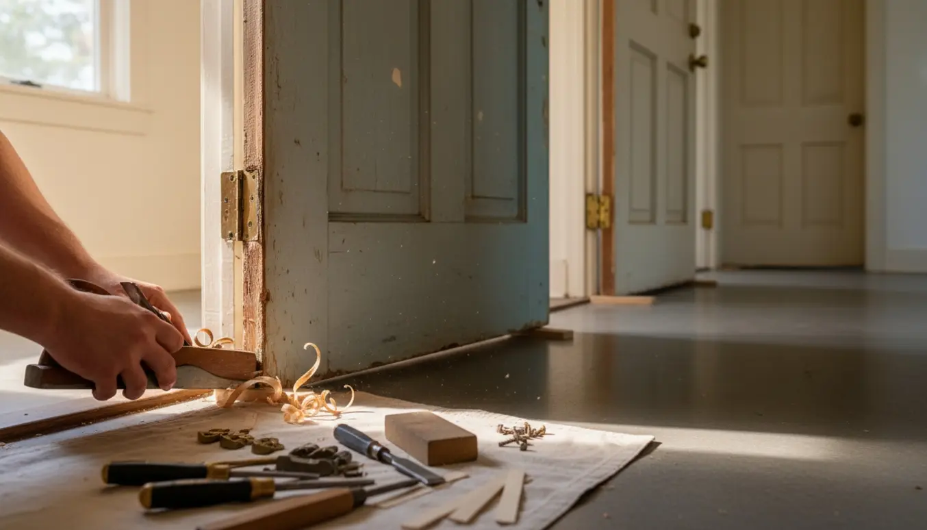 Hænder høvler en 1950'er indvendig dør i en lys gang med træspåner og værktøj rundt om.