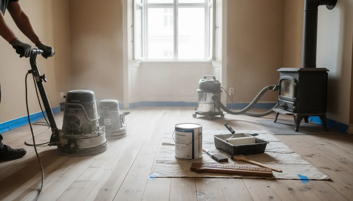 Lyst lejlighedsværelse hvor trægulv slibes og lakeres med hvid mat lak, med brændeovn i hjørnet.