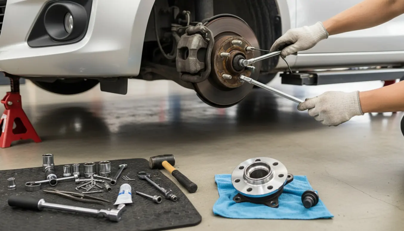 Nærbillede af forhjulsophæng på en lille hatchback uden mærke, hvor en mekaniker skifter styrekugle og hjulleje.