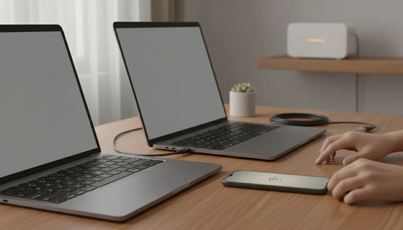 To bærbare computere deler internet via en smartphone-hotspot på et skrivebord.