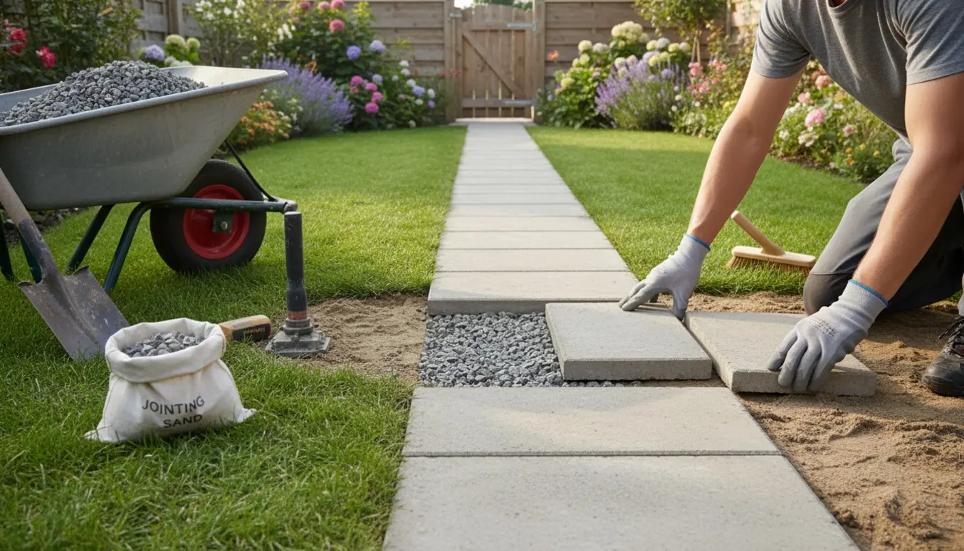 Hænder lægger fliser på en grusgang i en solbeskinnet baghave.