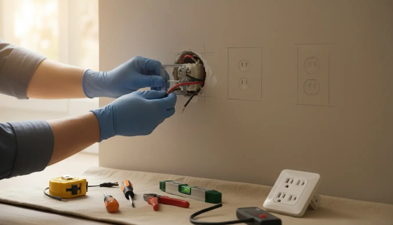 Elektriker arbejder ved en væg med to opmærkede stikkontaktpositioner og en jordet stikkontakt uden frontdæksel.