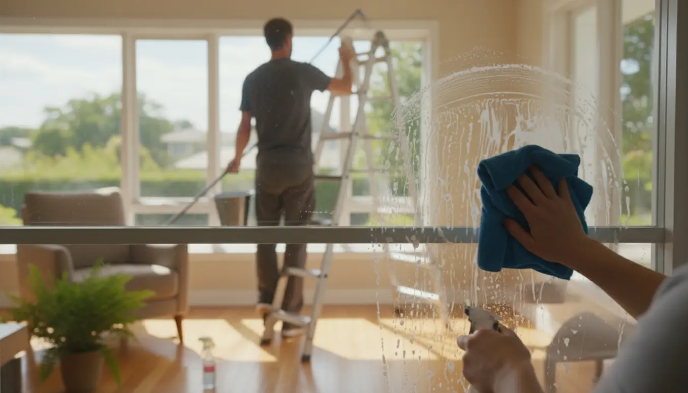 Vinduespudser på stige renser vinduets yderside, mens en anden tørrer indersiden med en klud.