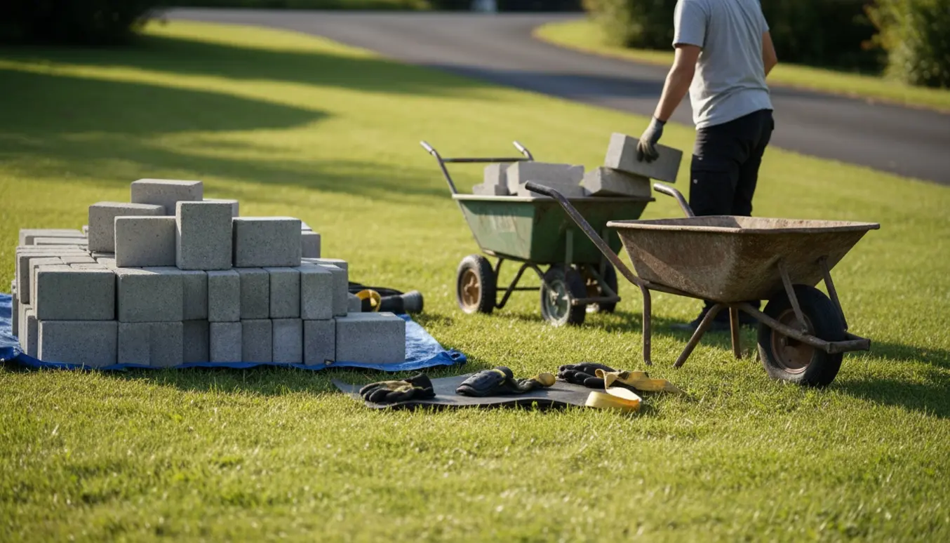 Person med ryggen til læsser fliser i en trillebør på en svagt skrånende græsplæne mod en indkørsel.