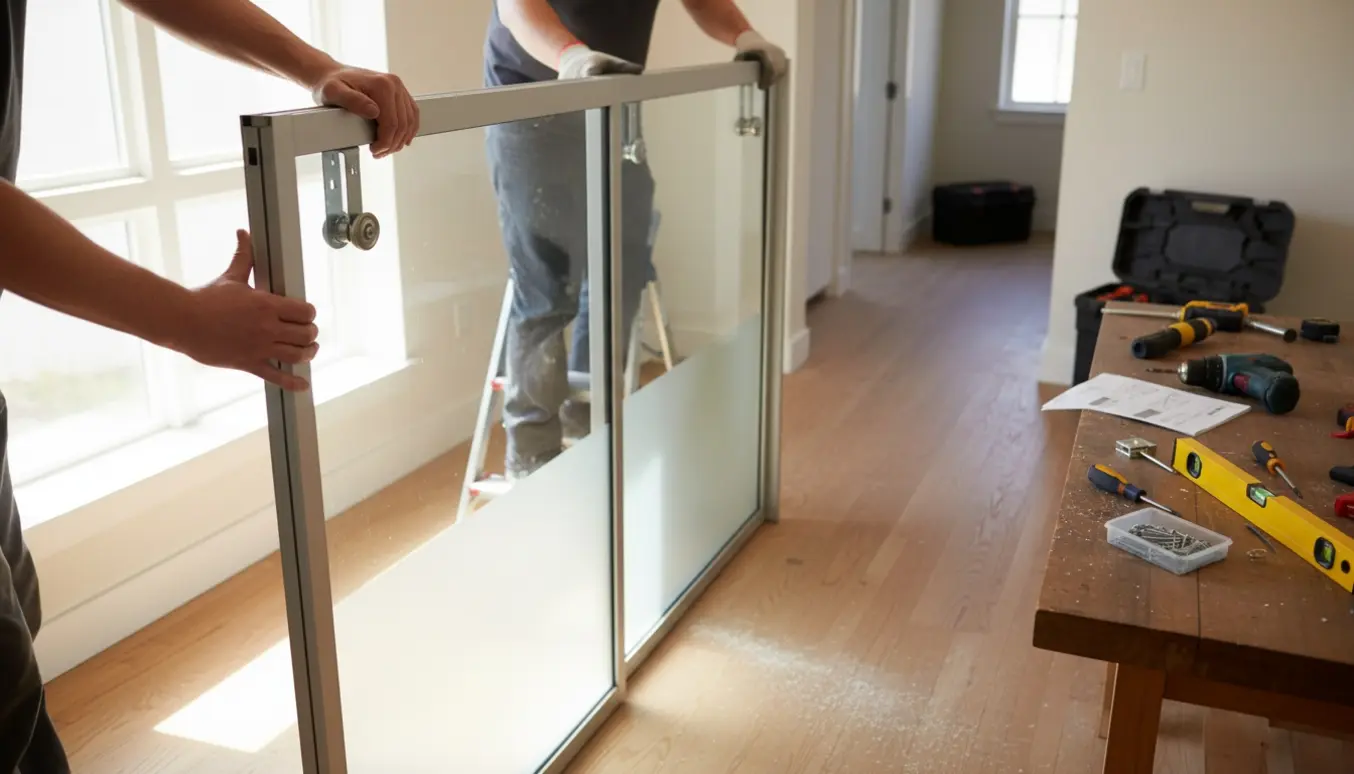 Hænder monterer en skydedør i skinnens overdel i et lyst hjem.