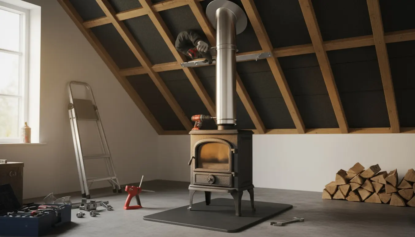 Brændeovn monteres med skorsten gennem loftet på tagpap og gulvplade placeret under ovnen.