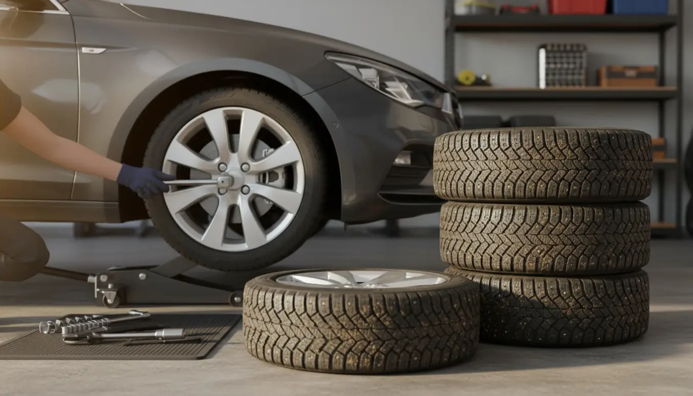 Glovede hænder monterer et vinterdæk på en bil løftet på domkraft med tre vinterdæk stablet ved siden af.