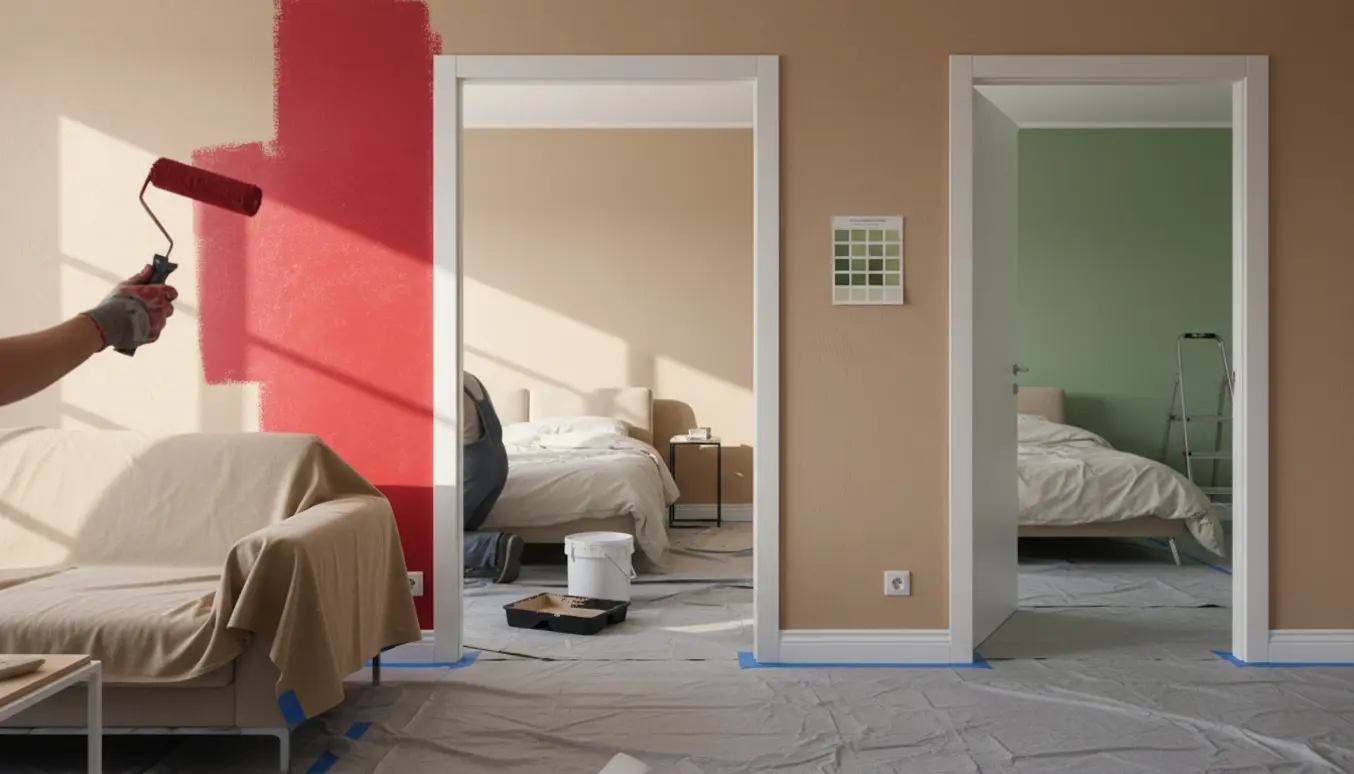 Hænder maler et lille rødt område i en stue, mens tilstødende vægge i tre rum viser nymalede beige og grønne overflader og malergrej.