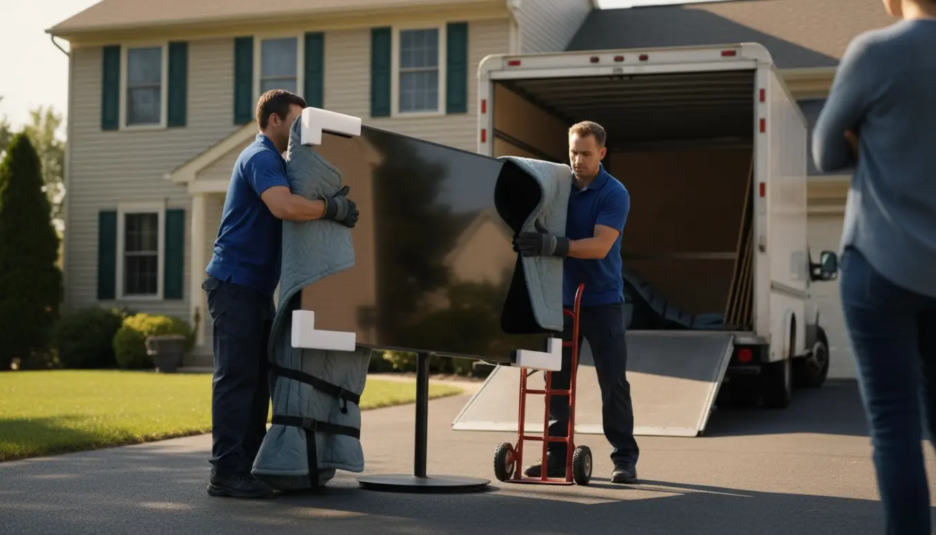 To flyttemænd fjerner en stor fladskærm fra dens drejefod uden at vise ansigter.
