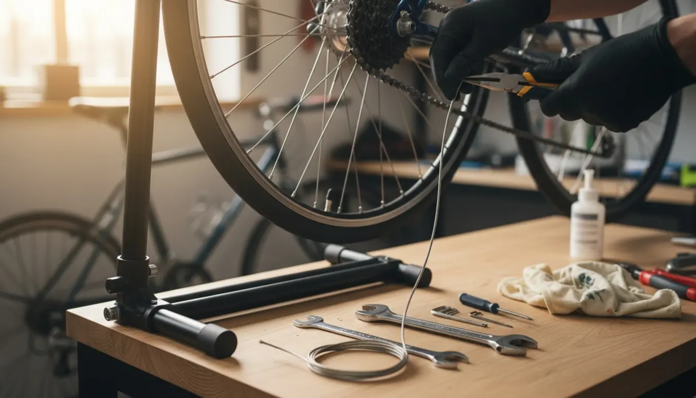 Nærbillede af en cykel med 3-trins navgear, hvor en hånd justerer gearkablet med værktøj på et værksted.