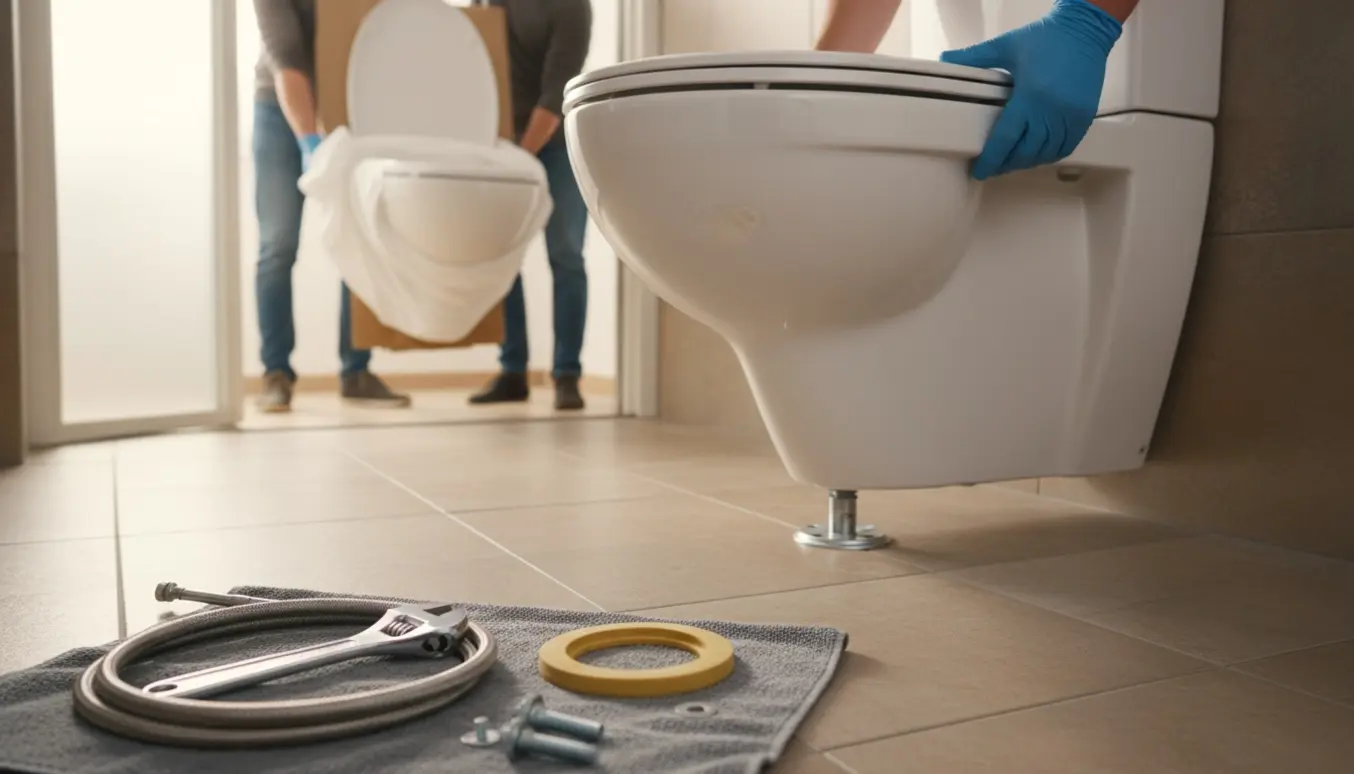 Montage af moderne hvidt toilet i badeværelse med håndværkerhænder og værktøj.