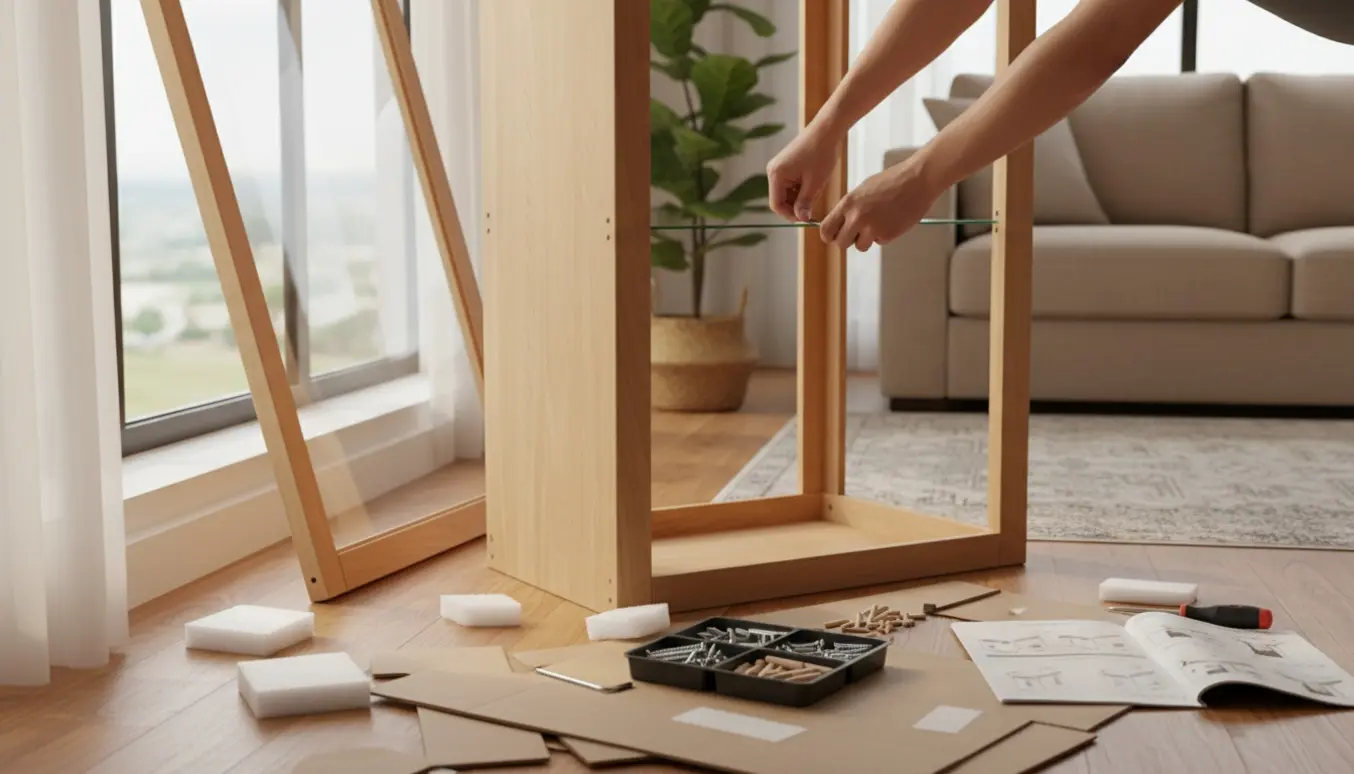 Delvist samlet vitrineskab i stuen med hænder, værktøj og fjernet emballage.