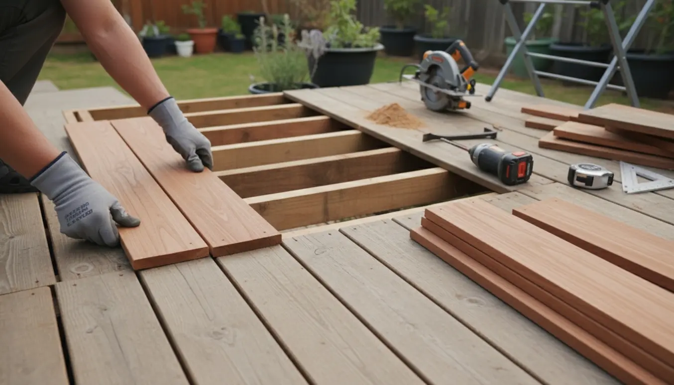 Nærbillede af udskiftning af terrassebrædder med nye planker, værktøj og synlige strøer, uden tydelige ansigter.