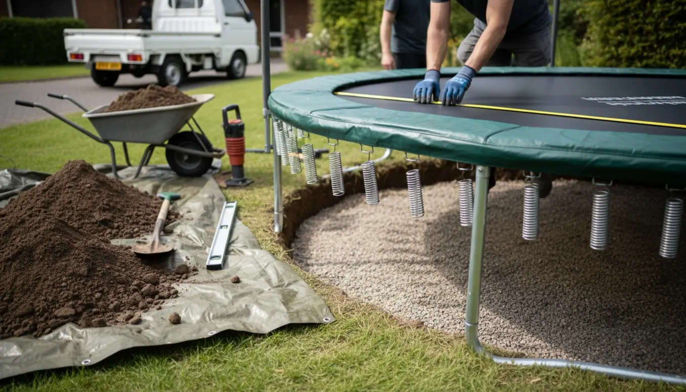 Delvist nedgravet rund trampolin i have med jordbunker, værktøj og arbejdshænder uden synlige ansigter.