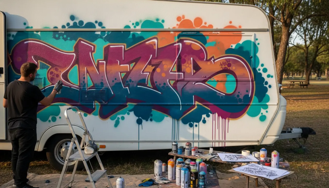 Side af en campingvogn under maling med et farverigt graffiti-motiv og værktøj spredt omkring.