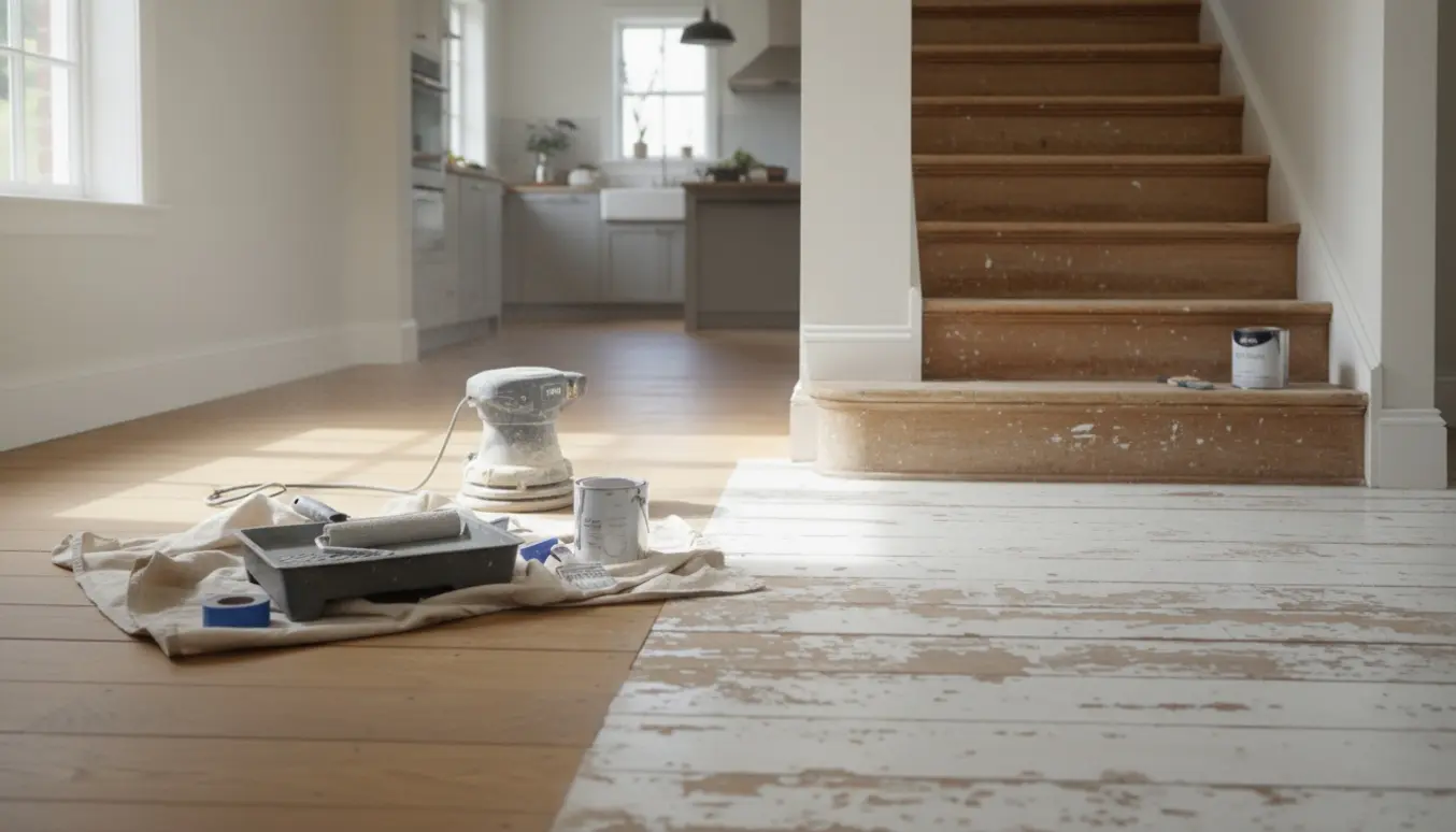 Indendørs foto af køkken og stue med delvist slebet trægulv, grå malerudstyr og en slidt trappe i baggrunden.