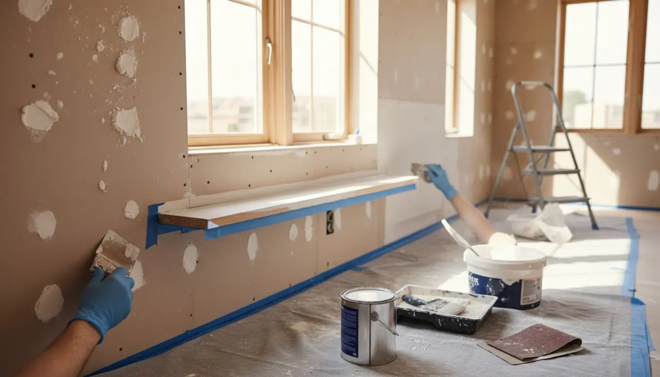 Soloplyst vindueskarme under spartling og maling med spartel, slibeværktøj og malerudstyr på afdækning.