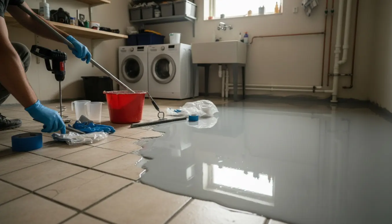 Bryggers med delvist lagt blankt epoxygulv over fliser, værktøj og handsker synlige ved kanten.