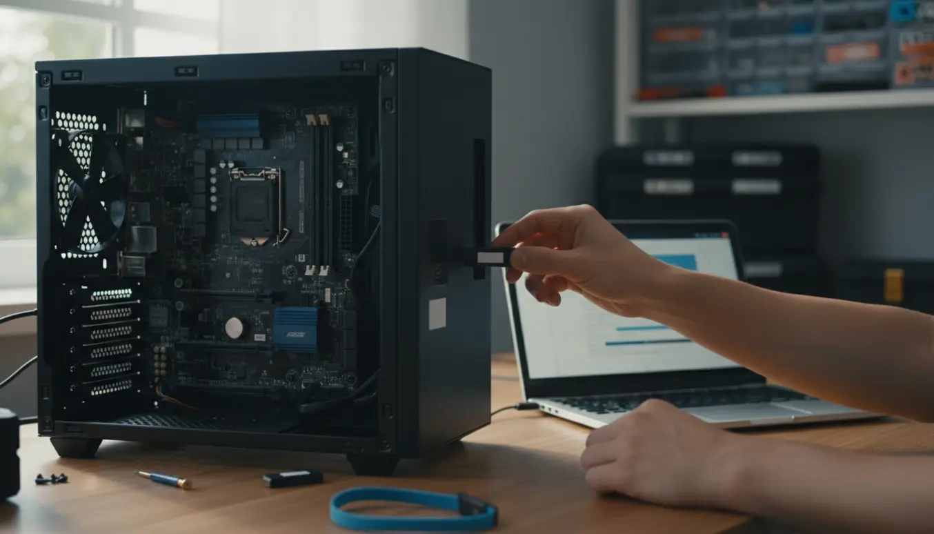 Nærbillede af en åben PC-kasse med et M.2-drev, mens en USB-nøgle sættes i bagporten til oprettelse af en installations-USB.