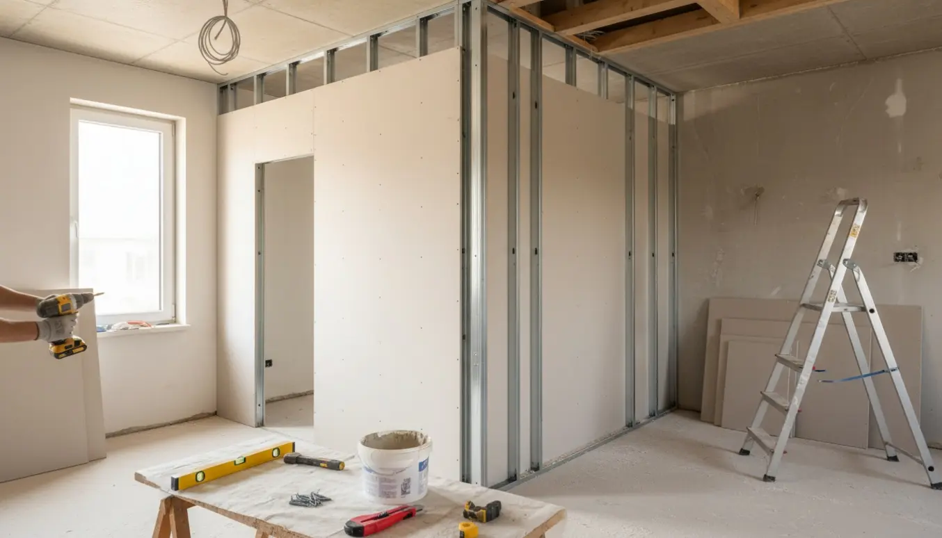 Delvist monteret gipsvæg med udskæring til dør, værktøj og eksponerede loftledninger.