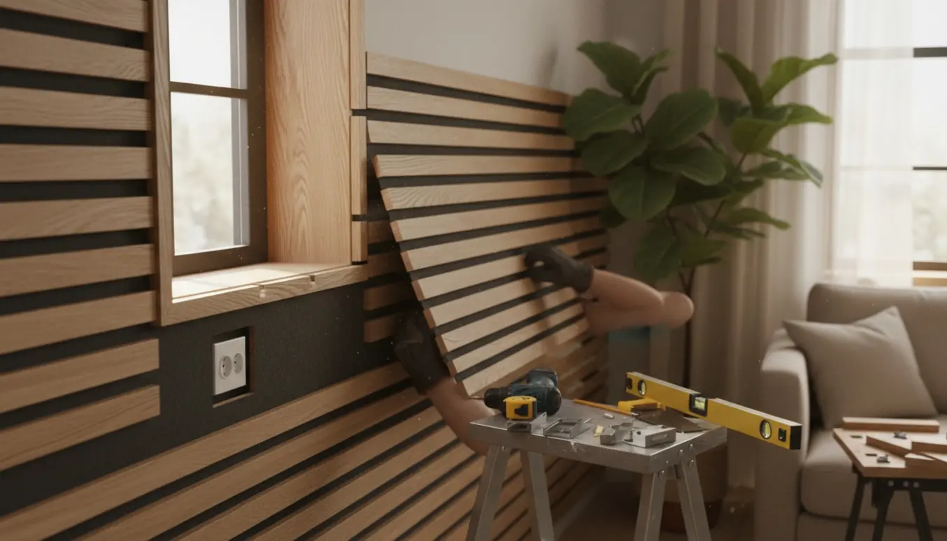 Installation af træakustikpanel rundt om en rude i en stue med værktøj og stikkontakt synlig.
