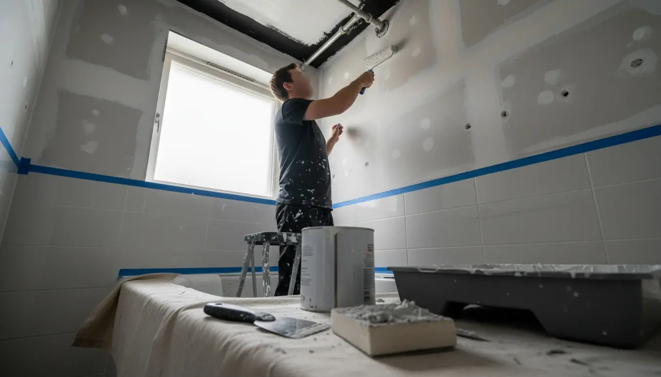 Spartling og maling af loft og øverste væg i et badeværelse med afdækning, rør og malerredskaber.