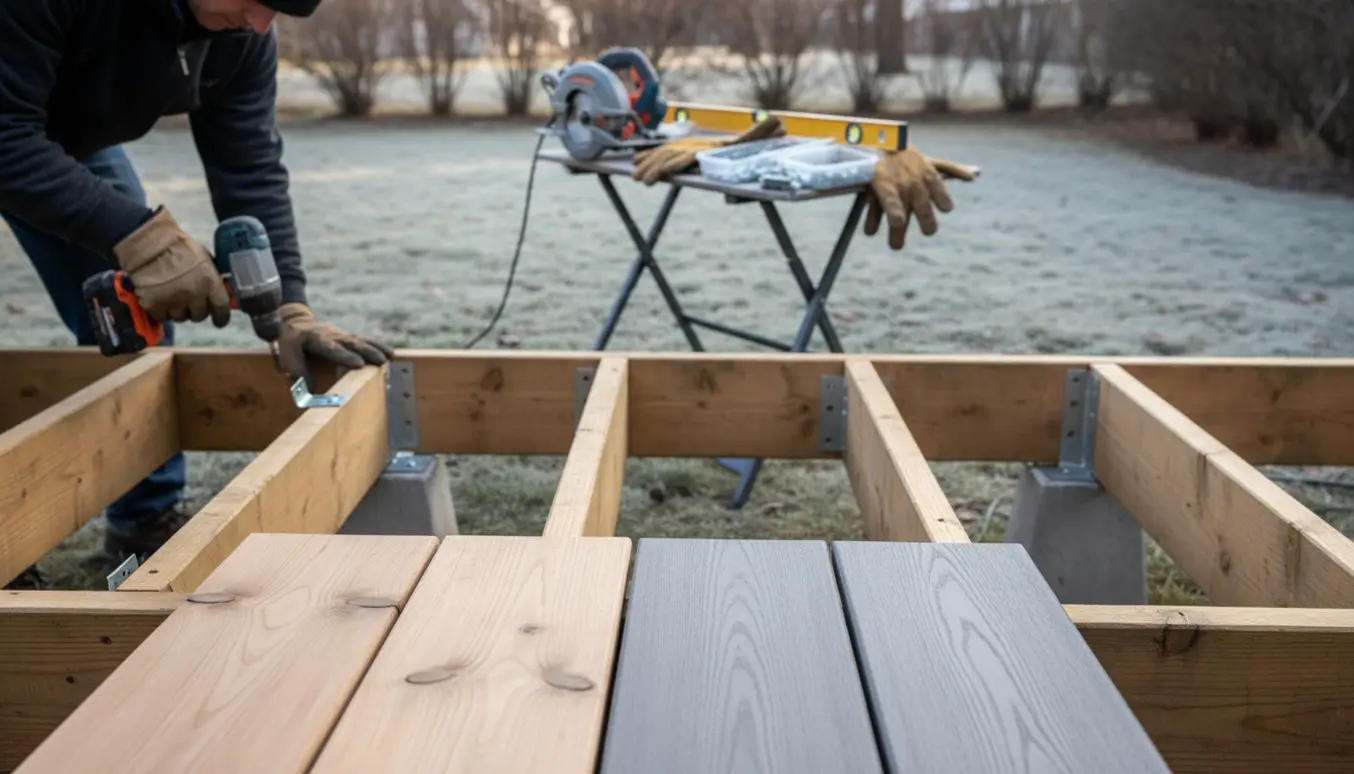 Baghave hvor en ny terrasse er ved at blive bygget med træ- og kompositprøver ved siden af hinanden.