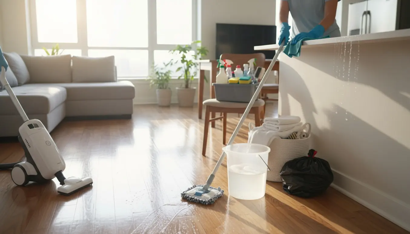 Rengøringsudstyr og handsker i brug i en lys lejlighed, mens gulv og overflader bliver rengjort.