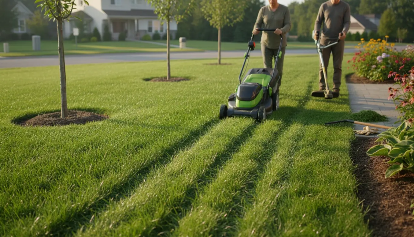 En græsslåmaskine og kanttrimmer i arbejde på en plæne med tre små træer.