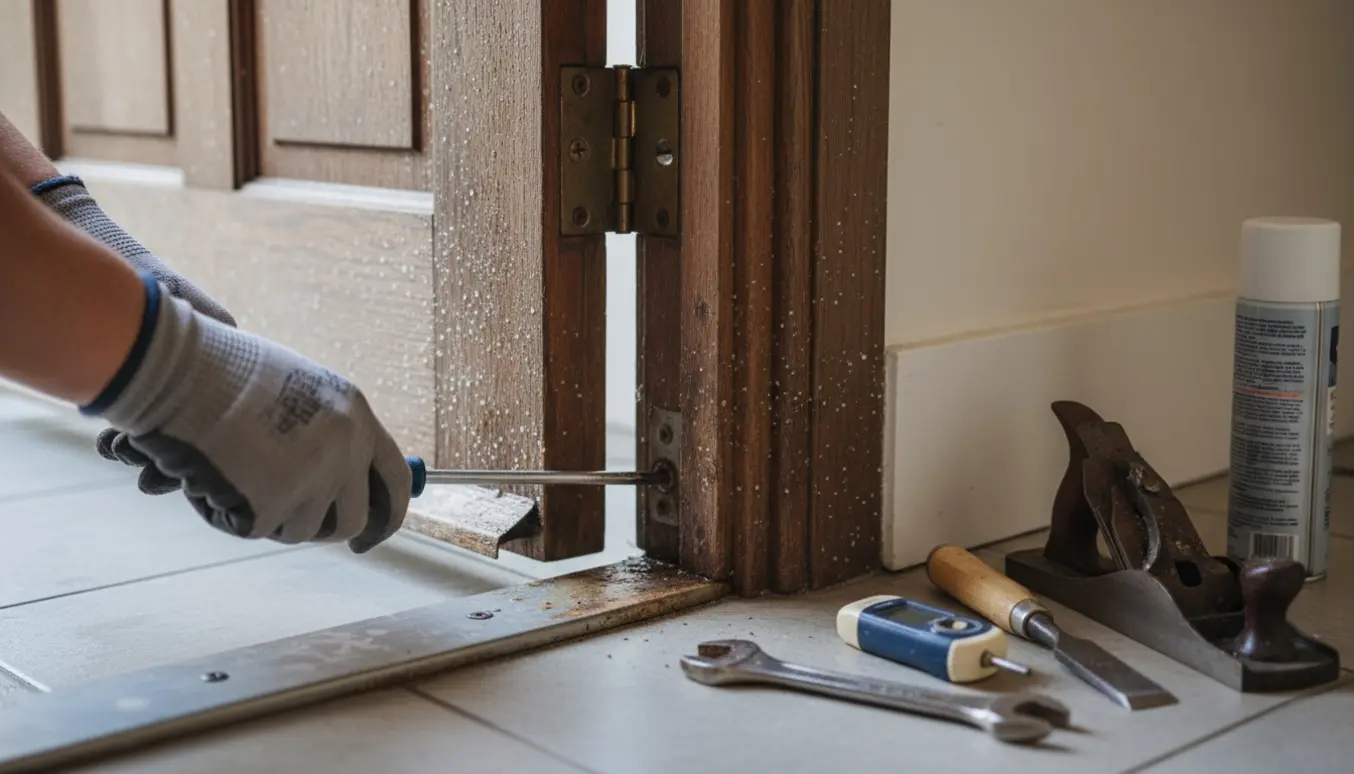 Nærbillede af hængsler og værktøj mens en fugtig træhoveddør med metalbund løsnes.