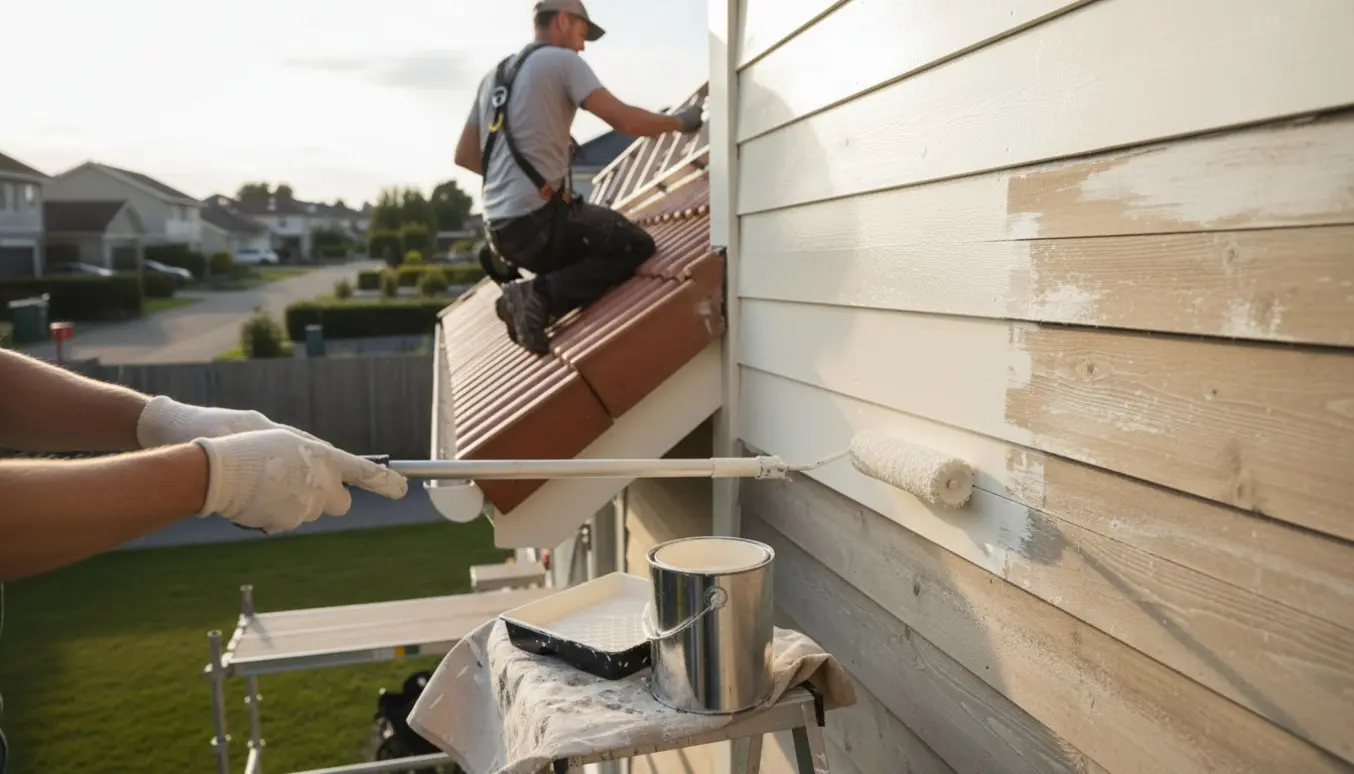 Nærbillede af gloved hænder, der maler træbeklædning med en forlængerrulle fra en lavt skrånende tagflade.