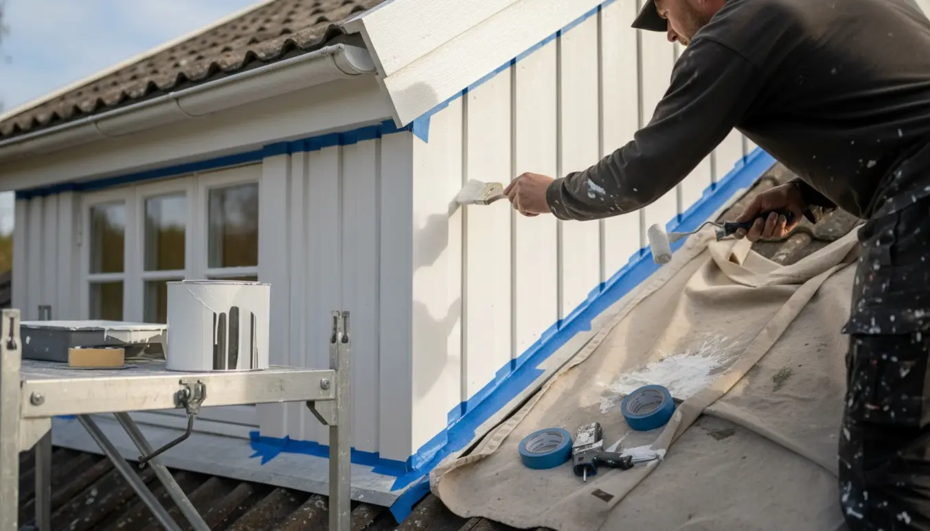 En maler på stige maler kvistens udvendige træbeklædning på første sal med frisk hvid maling.