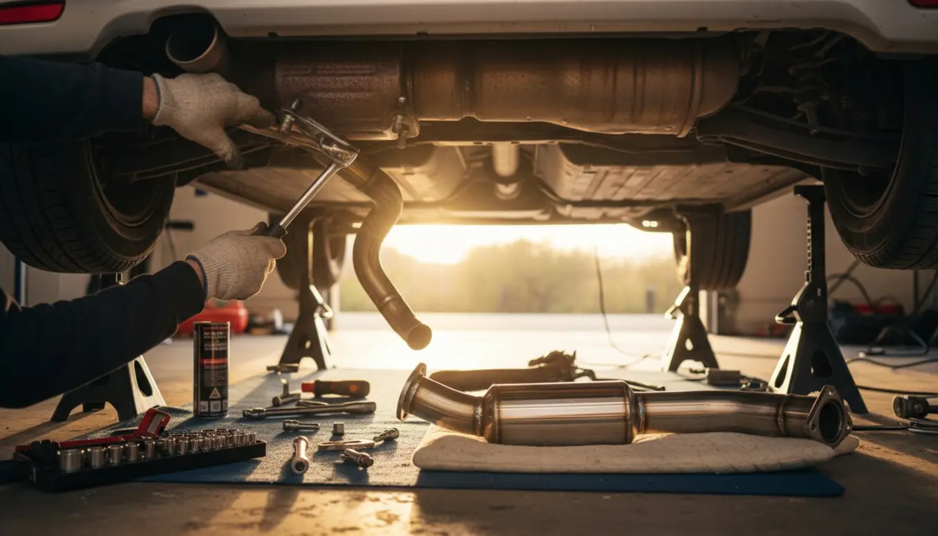 Hænder med handsker løsner udstødningsbolte ved katalysatoren under en lille bil i en soloplyst garage.