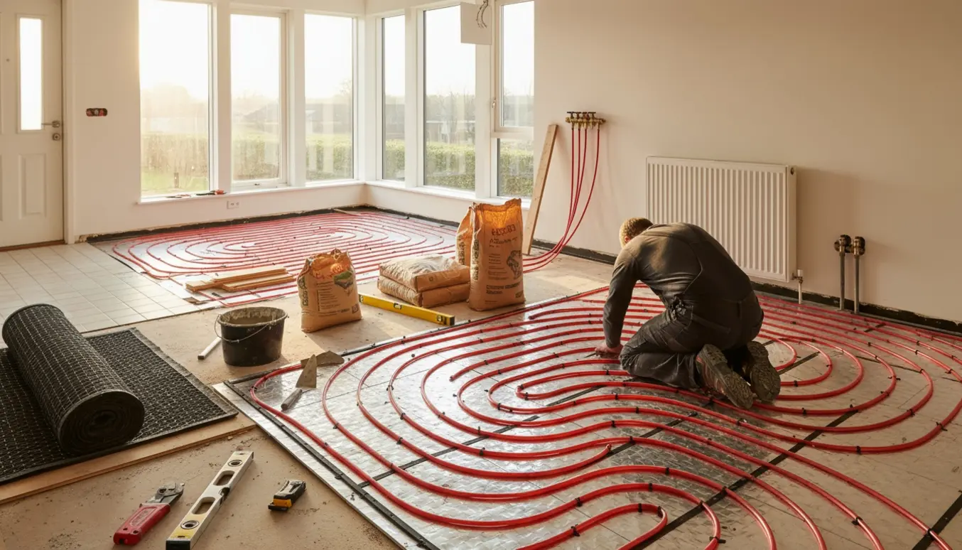 Åben stue/køkken med gulvvarmeinstallation: PEX-rør lagt på isolering, stak af gulvbrædder og værktøj.