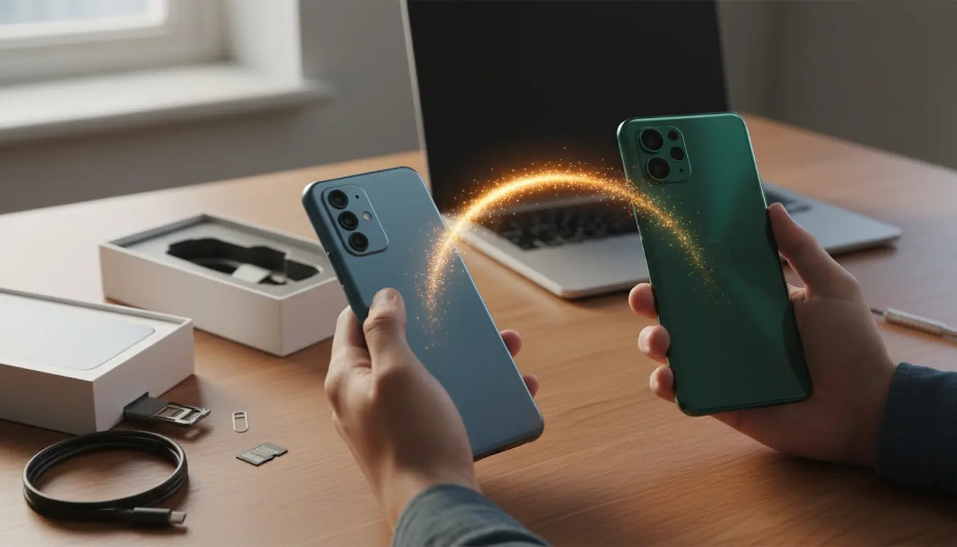 Hænder overfører data fra en gammel telefon til en ny smartphone på et træbord med SIM-værktøj og åben æske.
